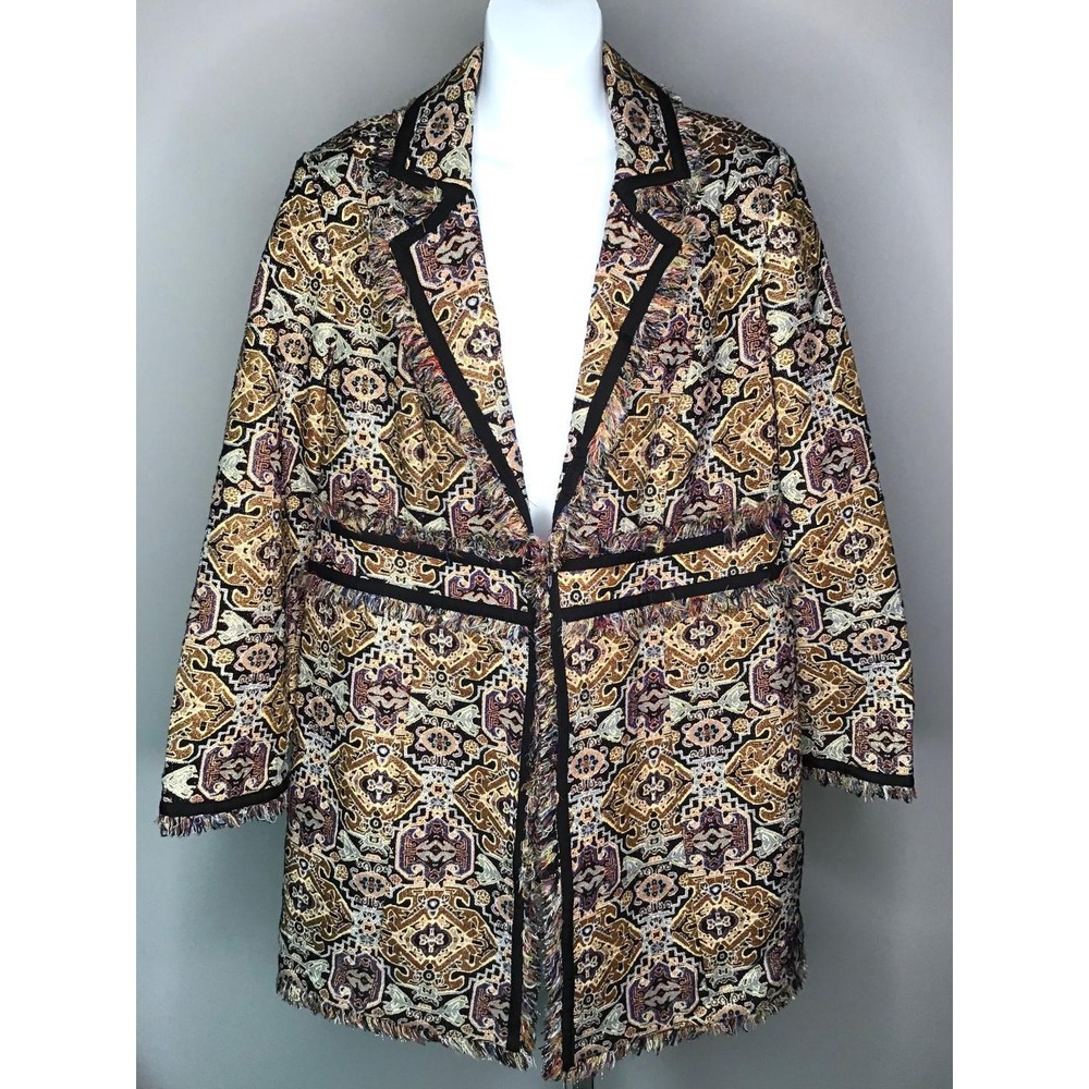 NWT‎ Chico's Jacket Size 1 (8/10) Black/Gold Jacquard Tapestry Fringe Trim Boho